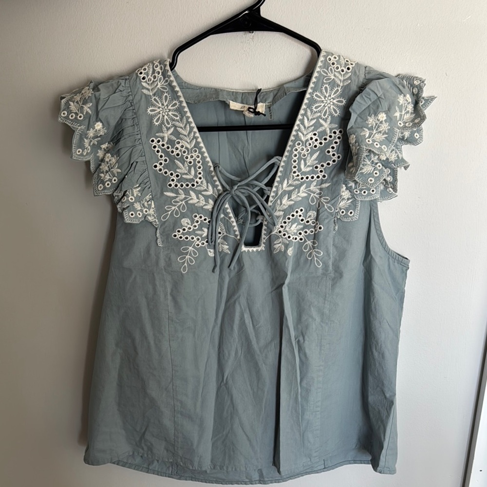 Elan Embroidered Lace-Up Blue Top